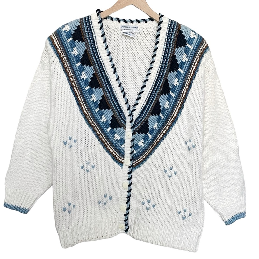 Vintage 80s Backroad Blues White Blue Hand Knit Cardigan